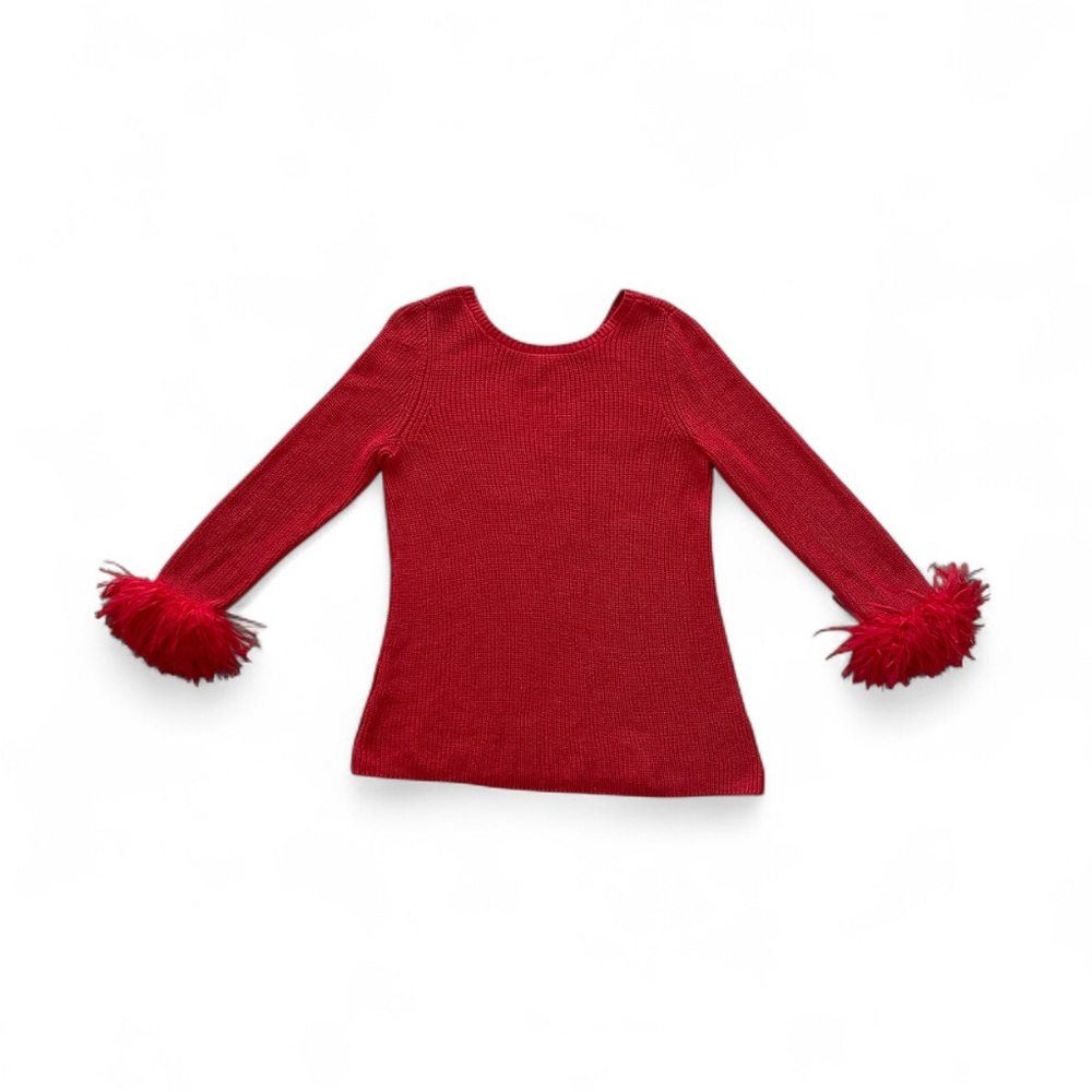 NIC+ZOE Round Neck Red XS Ribboned Knit Fringe Sleeves Boho‎ Sweater